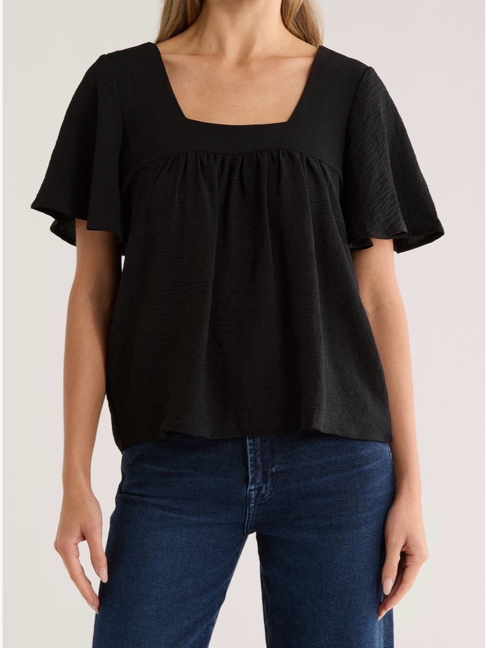 bobeau Black Square-Neck Flutter Sleeve Top